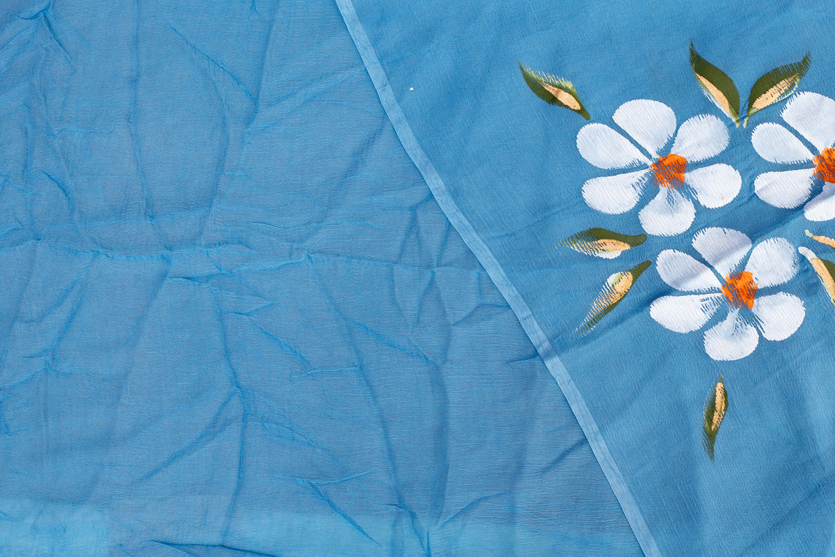Cornflower Blue Hand-Block Georgette Saree