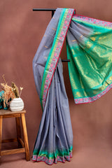 Storm Grey & Emerald Silk-Cotton Saree with Lace Accents