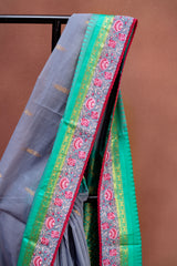 Storm Grey & Emerald Silk-Cotton Saree with Lace Accents