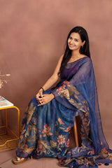 Navy Ikat Saree with Floral & Elephant Motifs