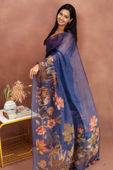 Navy Ikat Saree with Floral & Elephant Motifs