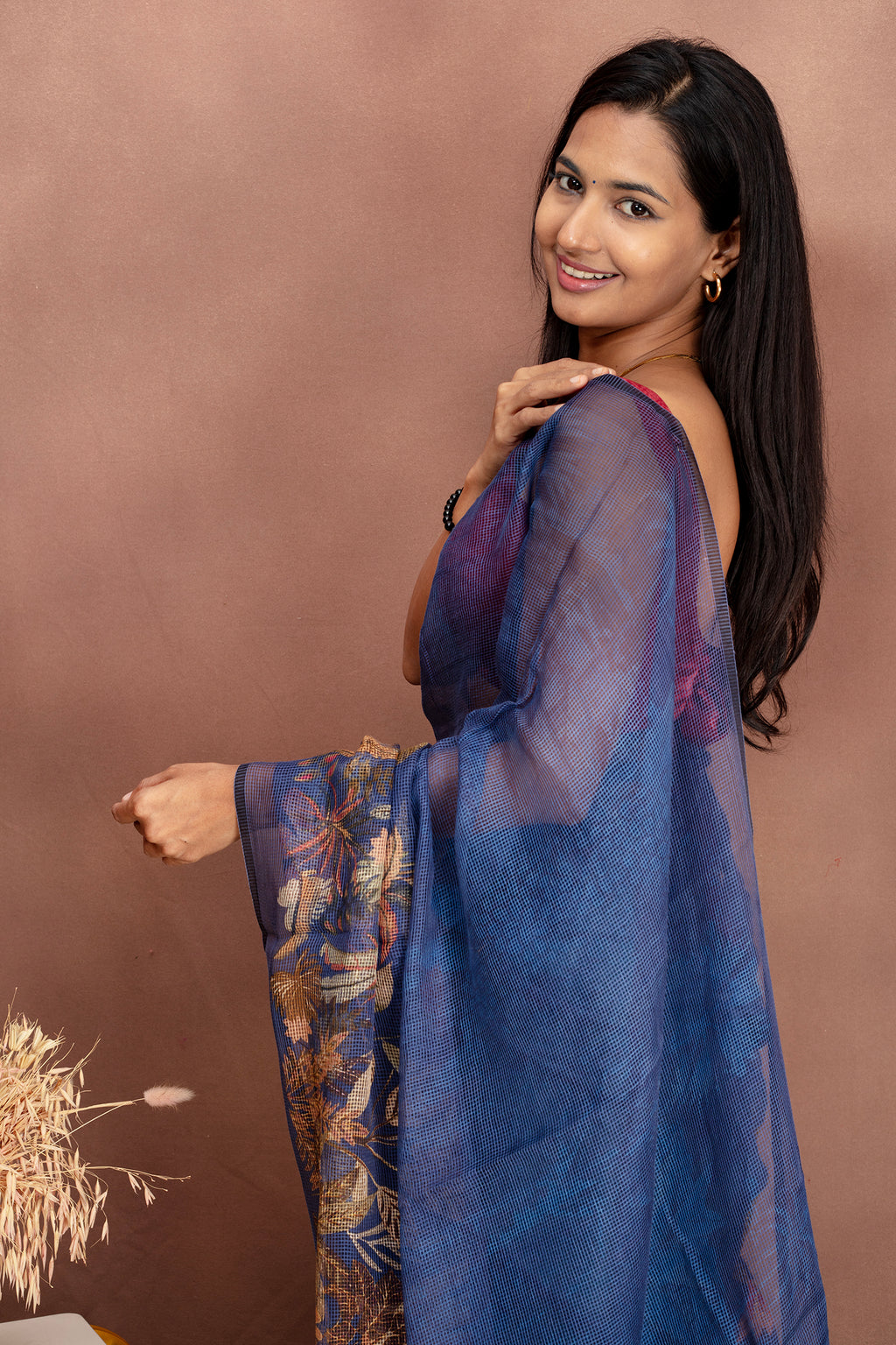 Navy Ikat Saree with Floral & Elephant Motifs