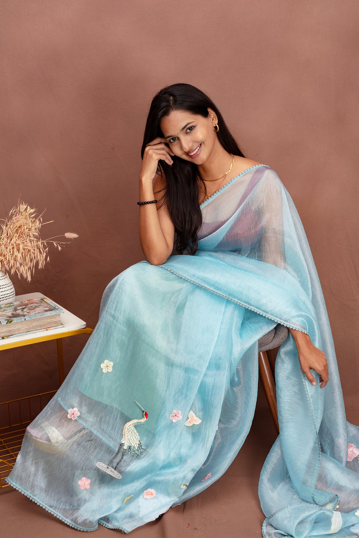 Ethereal Pastel Ice Blue Organza Saree with Floral Embroidery
