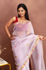 Whispering Lilac Crushed Organza Saree with Floral Scallop Border