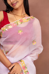 Whispering Lilac Crushed Organza Saree with Floral Scallop Border