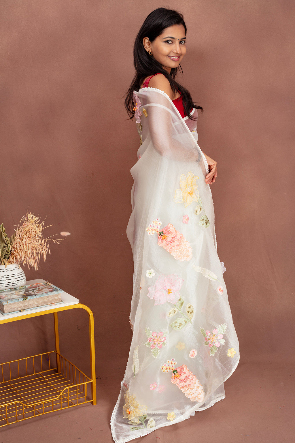 Ethereal White Organza Saree with Pastel Floral Appliqué