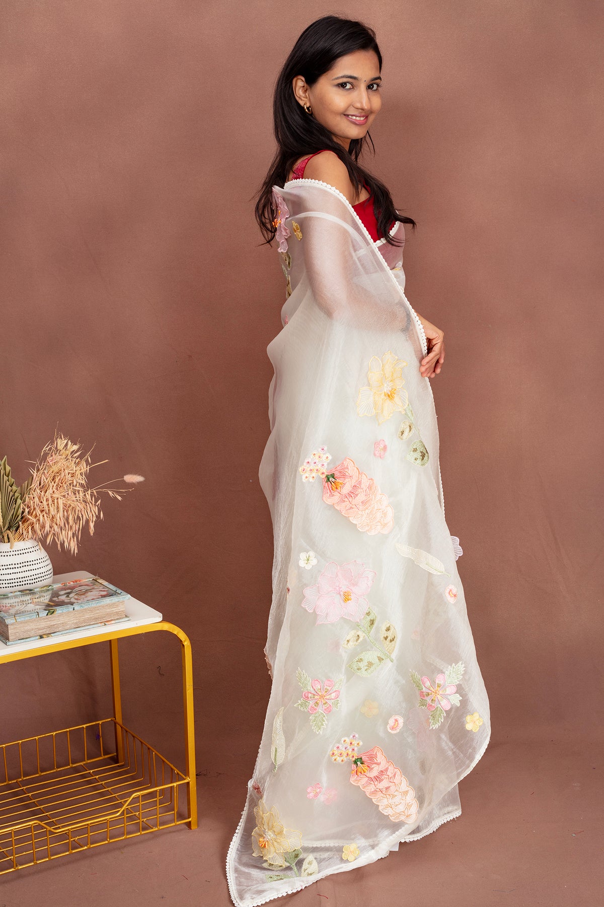 Ethereal White Organza Saree with Pastel Floral Appliqué