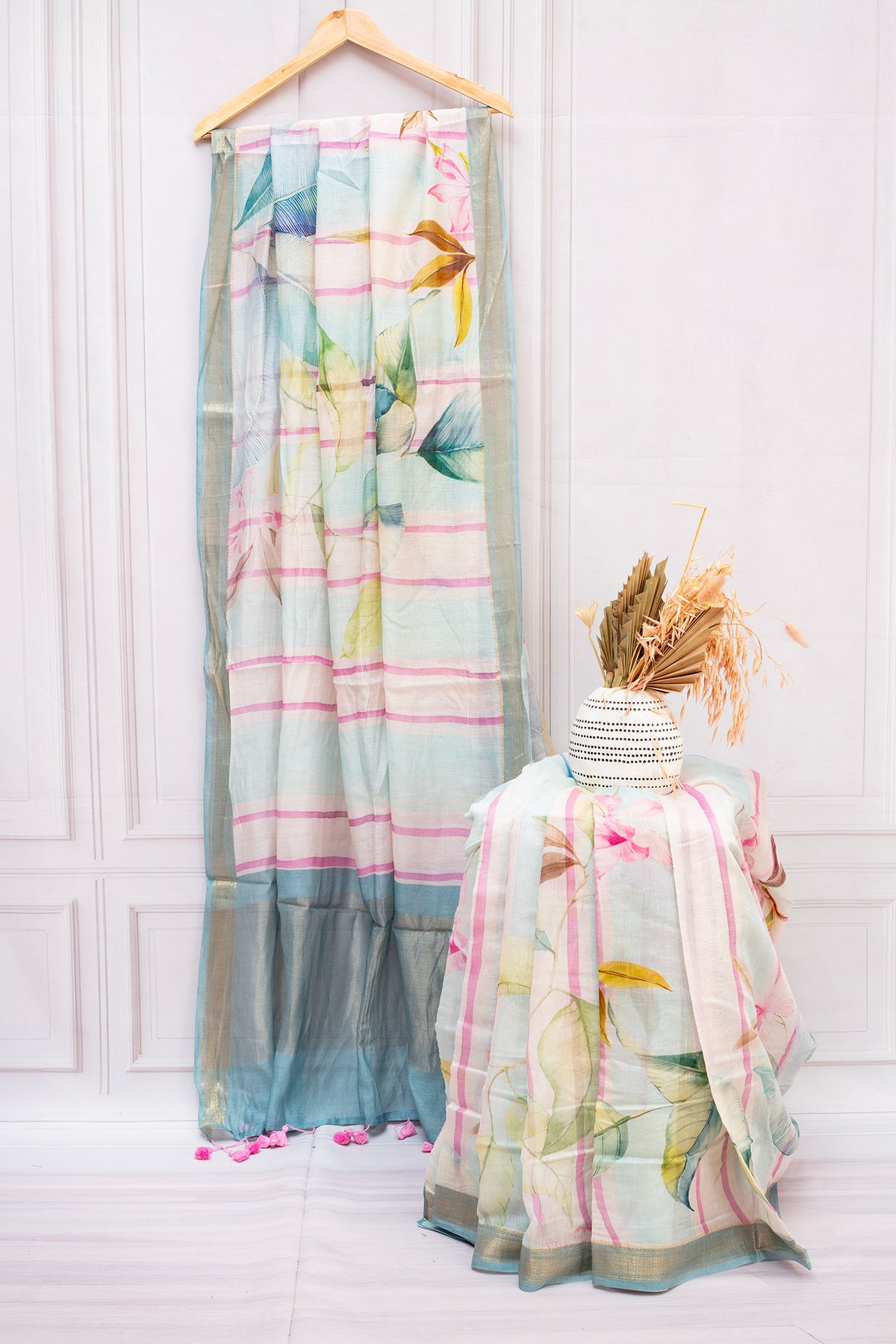 Pastel Sky & Blush Chanderi Cotton Saree