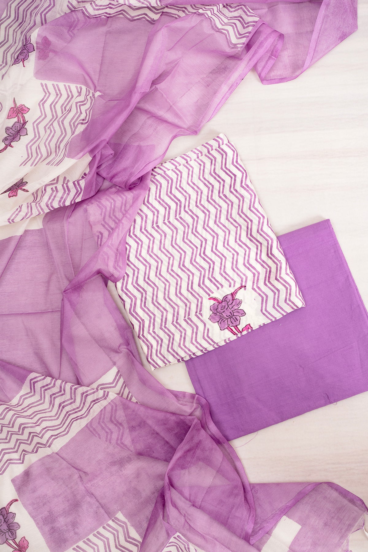 Lavender Zig-Zag Chanderi Cotton Unstitched Salwar Set