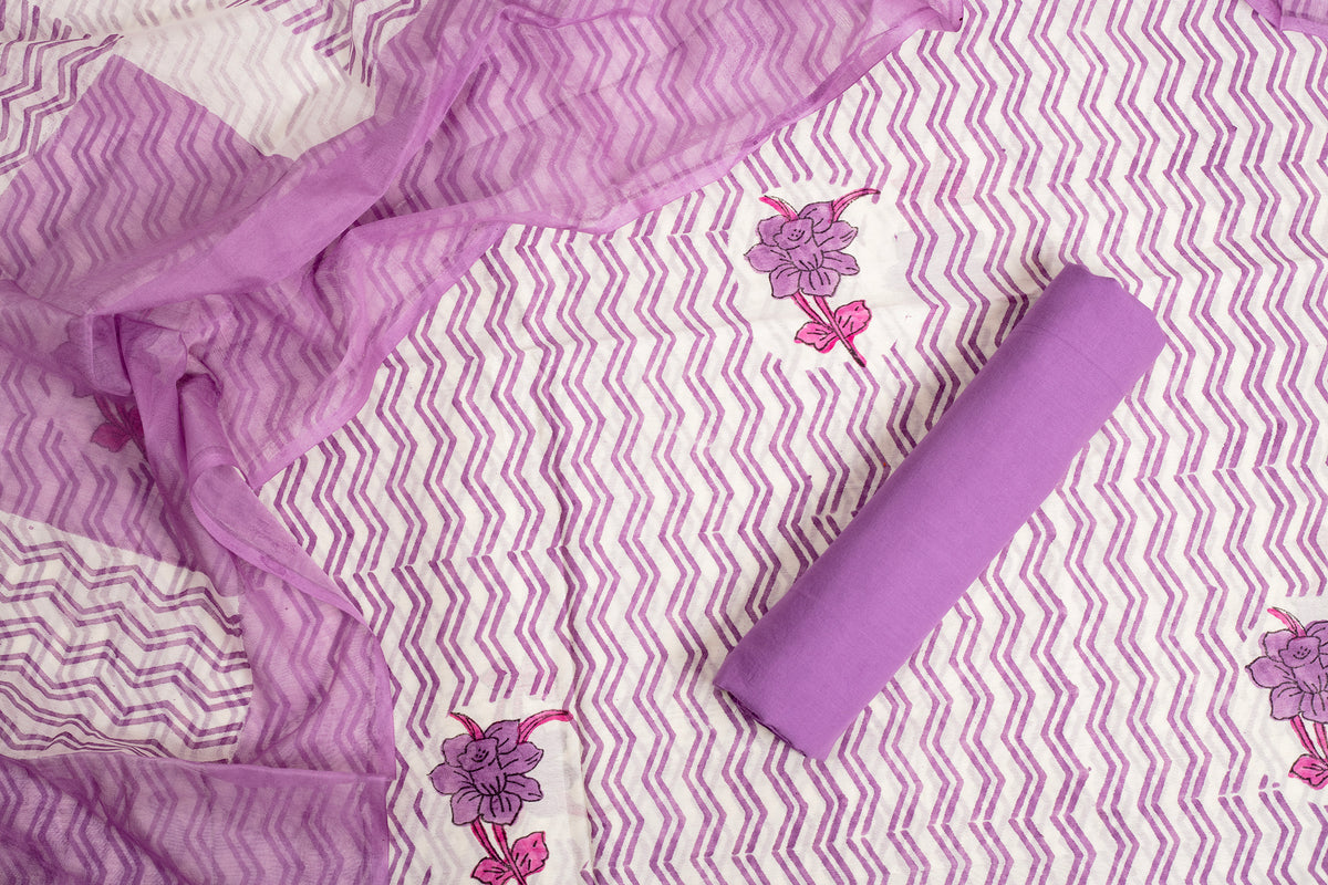 Lavender Zig-Zag Chanderi Cotton Unstitched Salwar Set
