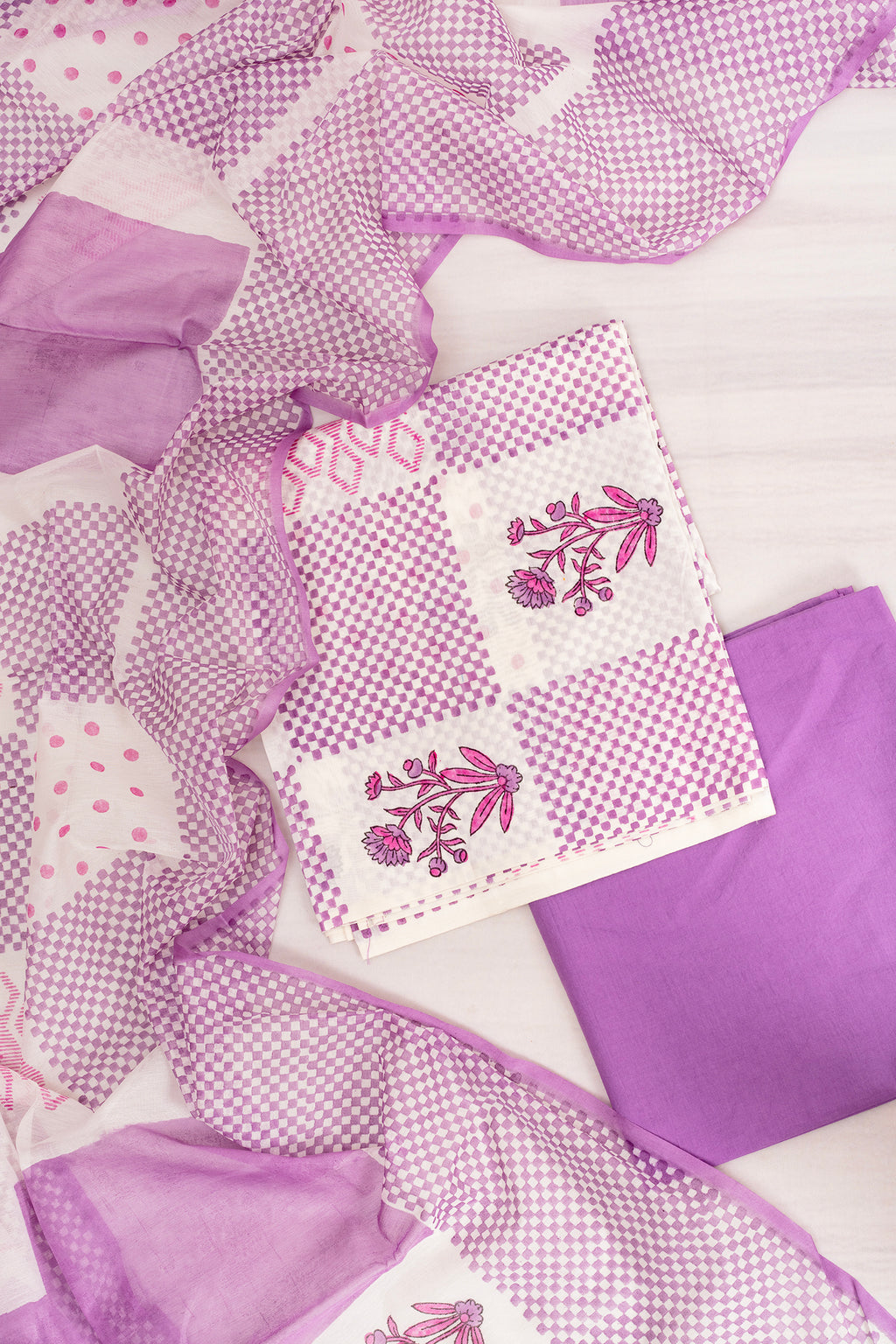 Lilac Checkerboard Chanderi Cotton Unstitched Salwar Set