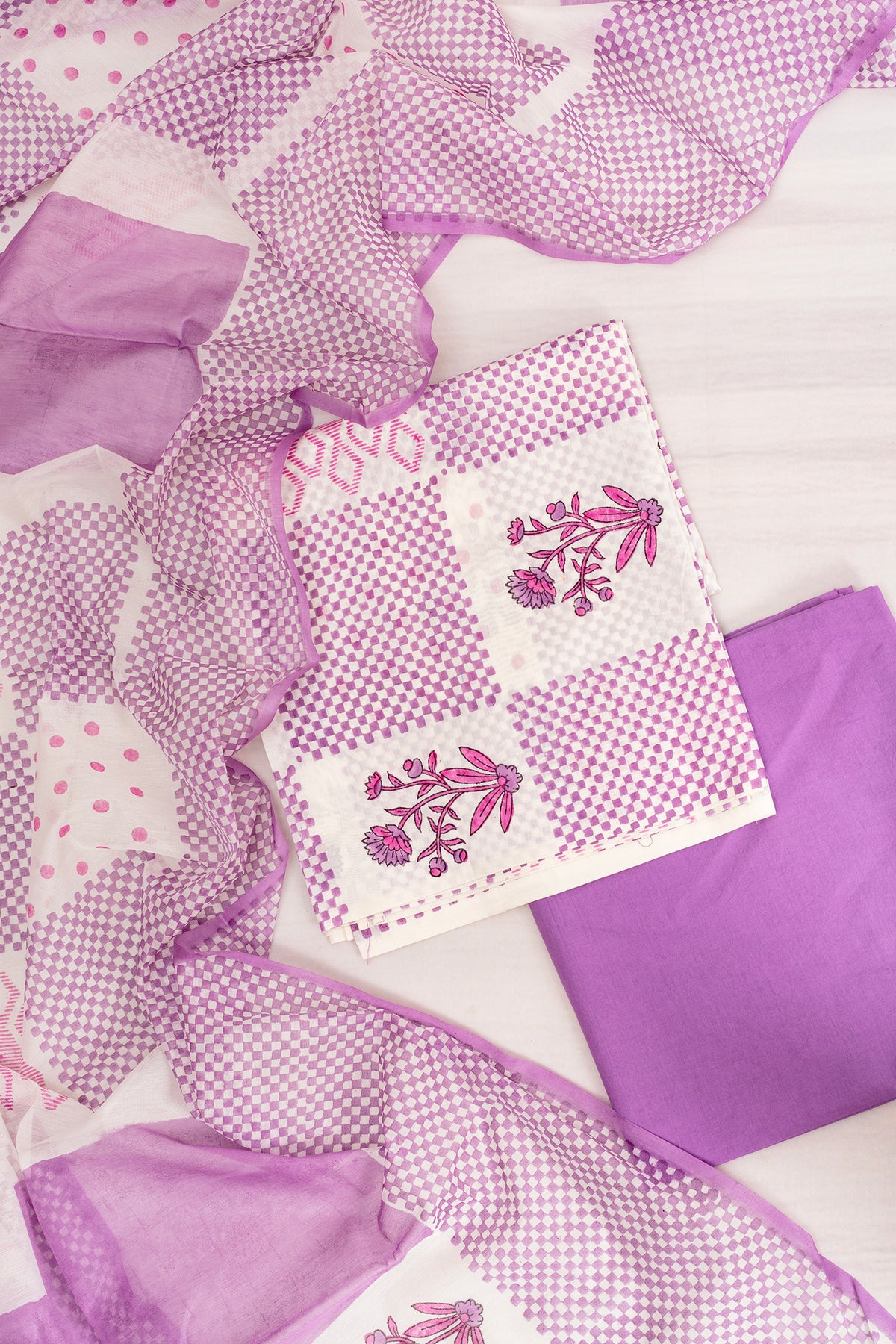 Lilac Checkerboard Chanderi Cotton Unstitched Salwar Set