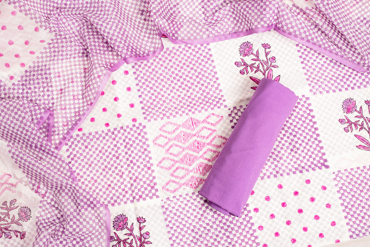 Lilac Checkerboard Chanderi Cotton Unstitched Salwar Set