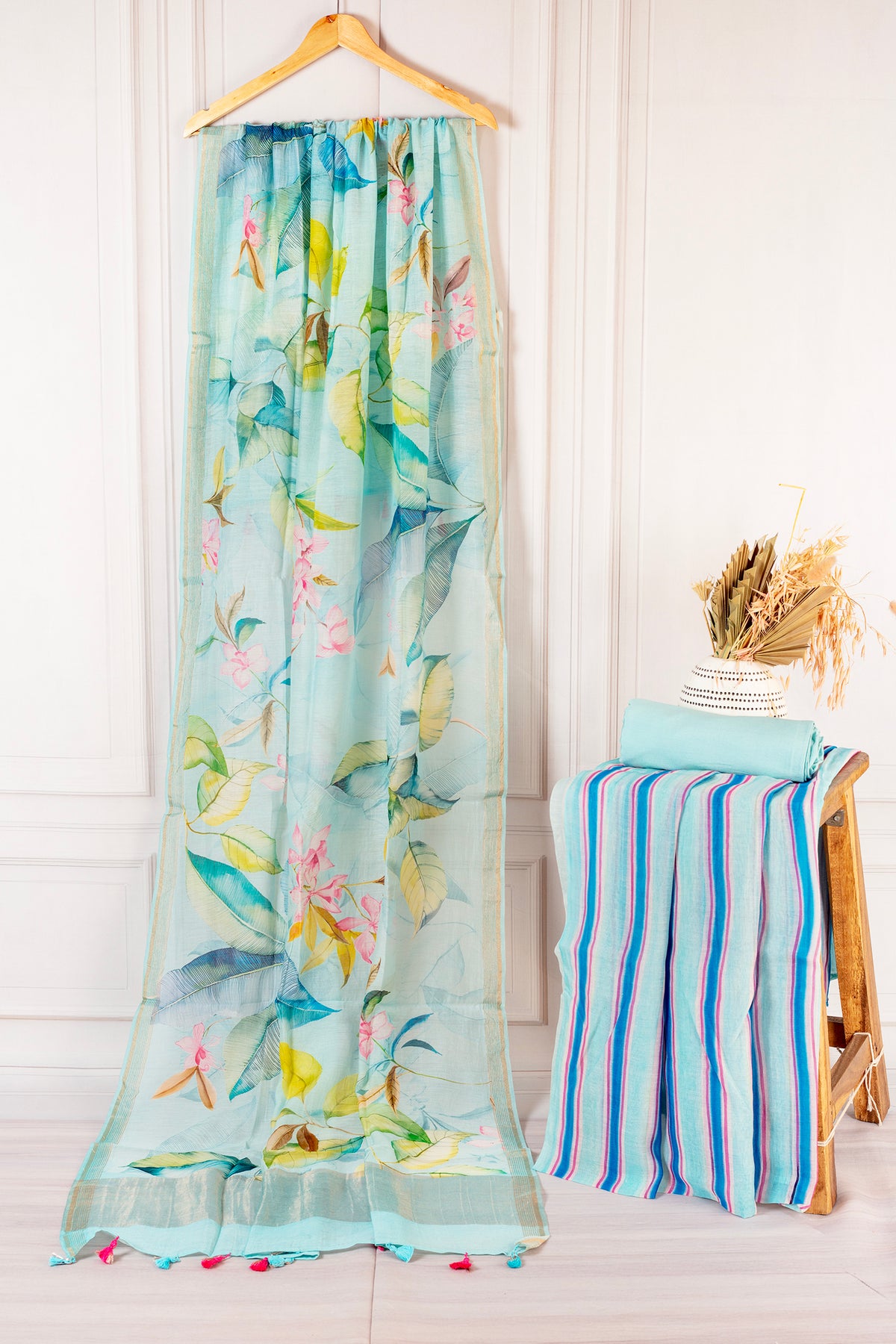 Whimsical Blooms: Sky Blue Floral & Striped Chanderi Salwar Set