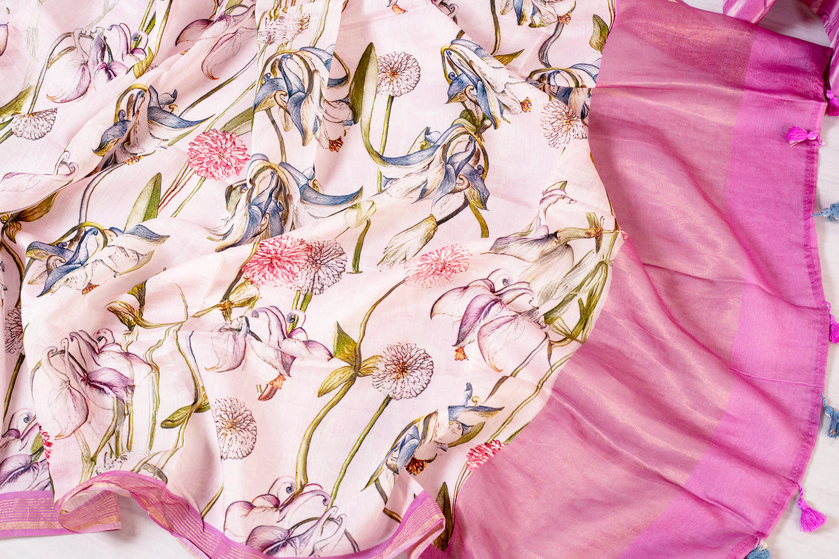 Rose Radiance: Floral Chanderi Unstitched Suit Set