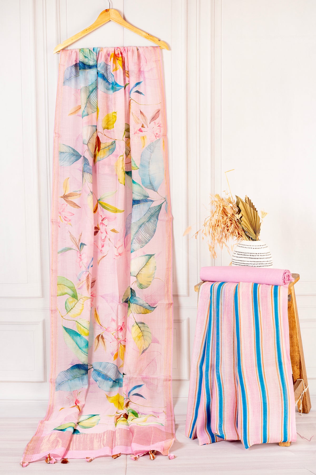 Blossom Breeze: Peach Floral & Striped Chanderi Unstitched Set