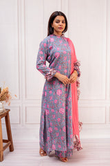 Whimsical Slate Blue & Pink Mulcotton Floral Suit Set
