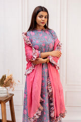 Whimsical Slate Blue & Pink Mulcotton Floral Suit Set