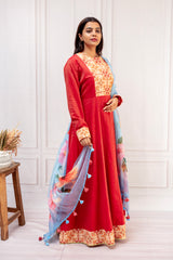 Majestic Crimson Chanderi Kalidaar Dress with Kota Dupatta