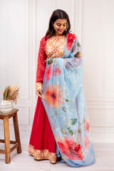 Majestic Crimson Chanderi Kalidaar Dress with Kota Dupatta