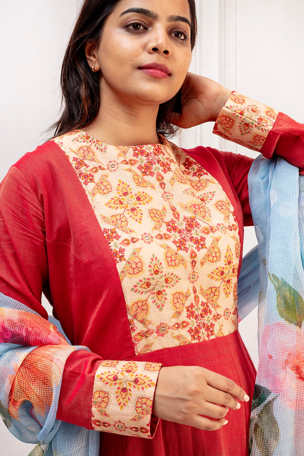 Majestic Crimson Chanderi Kalidaar Dress with Kota Dupatta