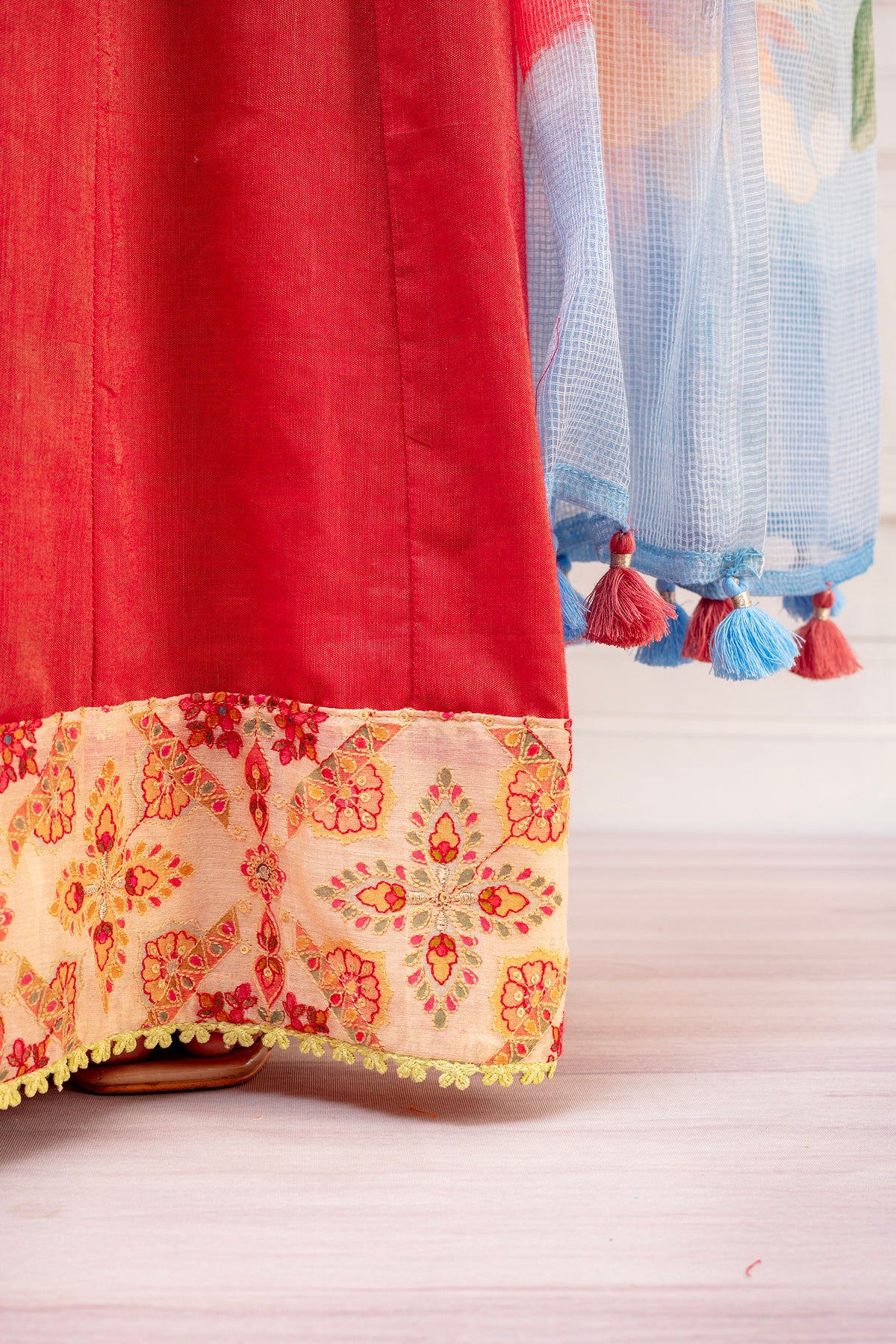 Majestic Crimson Chanderi Kalidaar Dress with Kota Dupatta