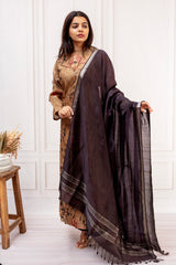 Vintage Floral Tussar Silk Kurta with Deep Charcoal Mangalgiri Dupatta