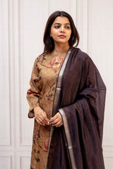 Vintage Floral Tussar Silk Kurta with Deep Charcoal Mangalgiri Dupatta