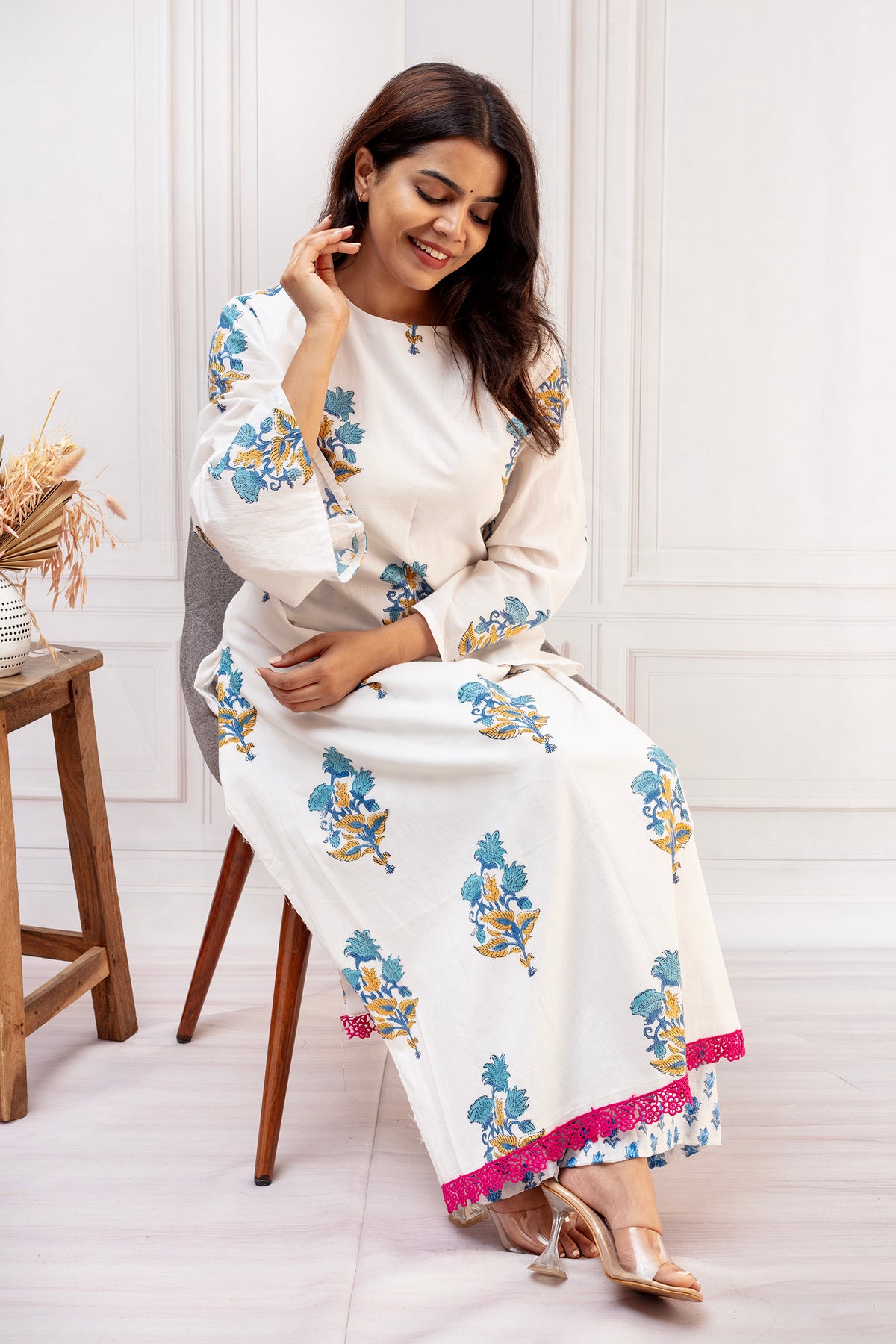 Pristine White & Indigo Cotton Straight-Cut Co-Ord Set