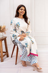 Pristine White & Indigo Cotton Straight-Cut Co-Ord Set