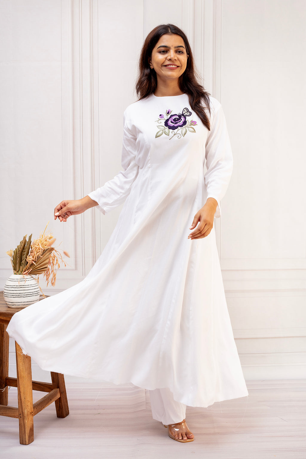 Pristine White Cotton A-Line Suit Set