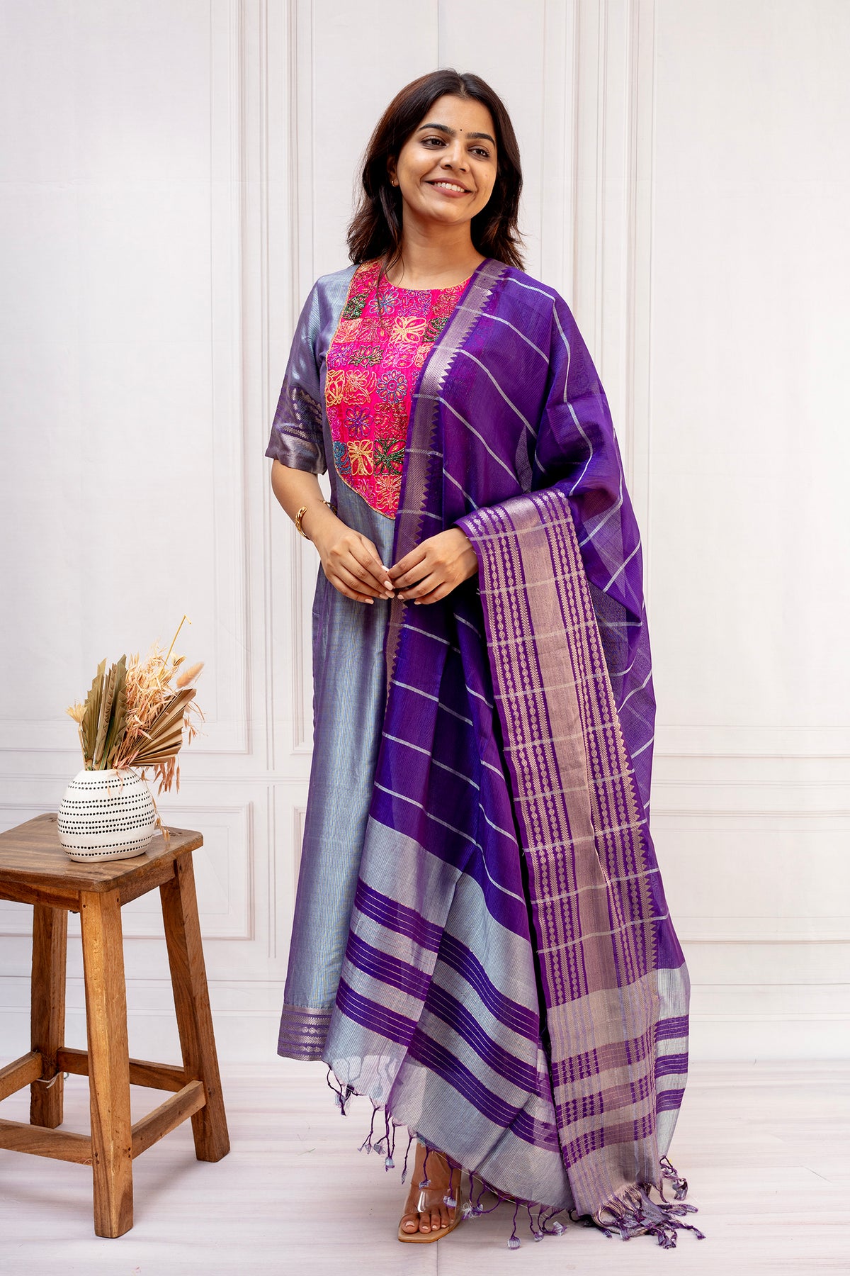 Luxe Metallic Steel Blue Silk Top with Royal Purple Mangalgiri Dupatta