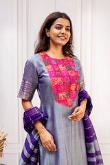 Luxe Metallic Steel Blue Silk Top with Royal Purple Mangalgiri Dupatta