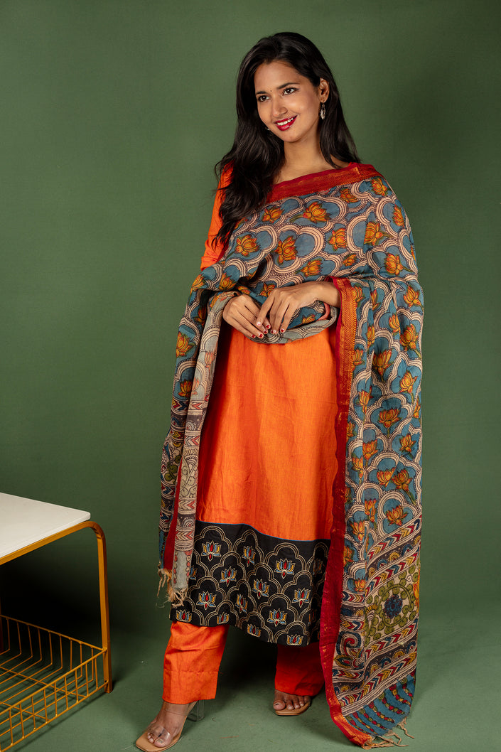 Mangalagiri Cotton Kurtha with Mangalagiri Kalamkari Dupatta