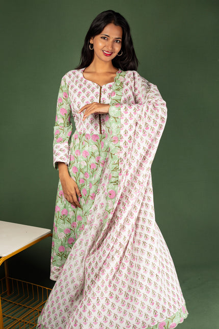 White ,Pink, and Green Block Print floral Cotton Kalli Top with Cotton Dupatta