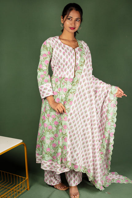 White ,Pink, and Green Block Print floral Cotton Kalli Top with Cotton Dupatta