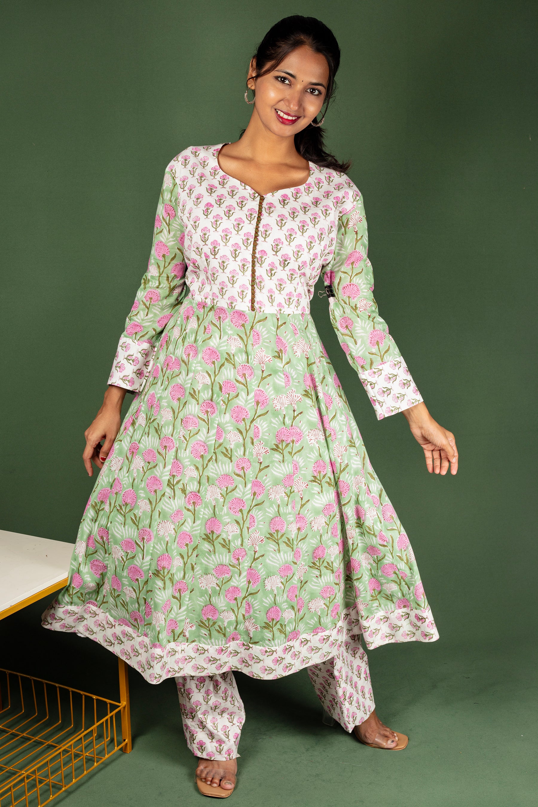White ,Pink, and Green Block Print floral Cotton Kalli Top with Cotton Dupatta