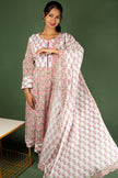 White and Pink Block Print floral Cotton Kalli Top with Cotton Dupatta