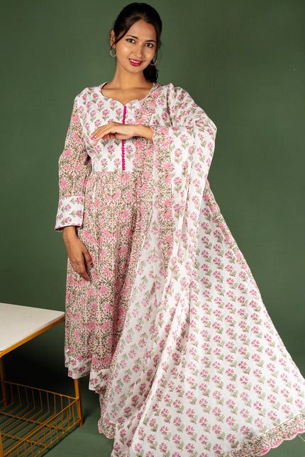 White and Pink Block Print floral Cotton Kalli Top with Cotton Dupatta