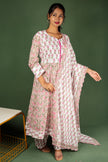 White and Pink Block Print floral Cotton Kalli Top with Cotton Dupatta