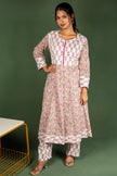 White and Pink Block Print floral Cotton Kalli Top with Cotton Dupatta