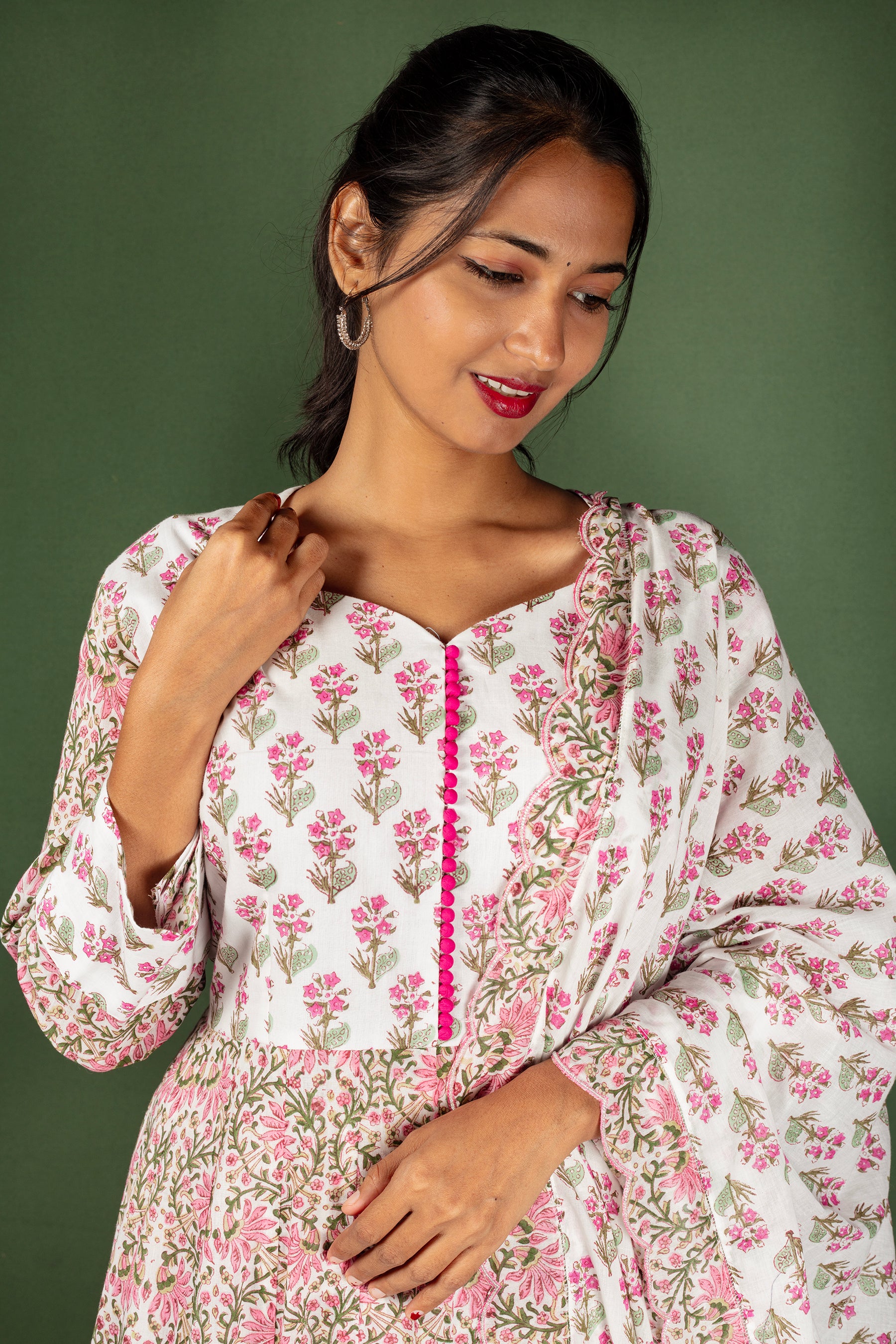 White and Pink Block Print floral Cotton Kalli Top with Cotton Dupatta