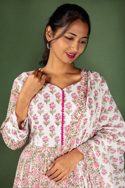 White and Pink Block Print floral Cotton Kalli Top with Cotton Dupatta