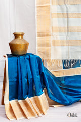 Teal Blue Silk Cotton Saree with Ivory Stripes and Gold Zari Border