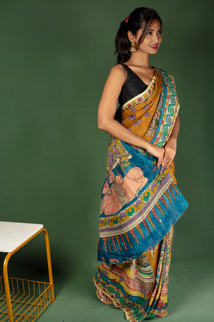 Vibrant Kalamkari Art  Saree with Mythological Motifs