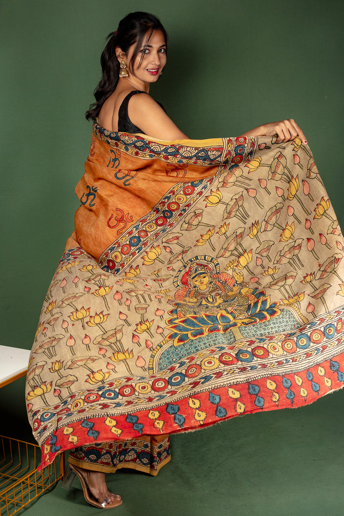 Kalamkari Saree with 'ॐ' Symbol Body & Divine Pallu Design