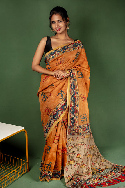 Kalamkari Saree with 'ॐ' Symbol Body & Divine Pallu Design