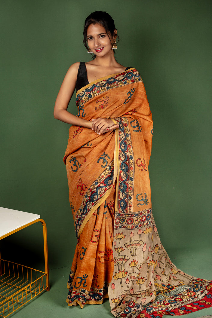 Kalamkari Saree with 'ॐ' Symbol Body & Divine Pallu Design