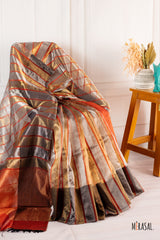 Red Soft Tissue Striped Saree with Contrast Pallu