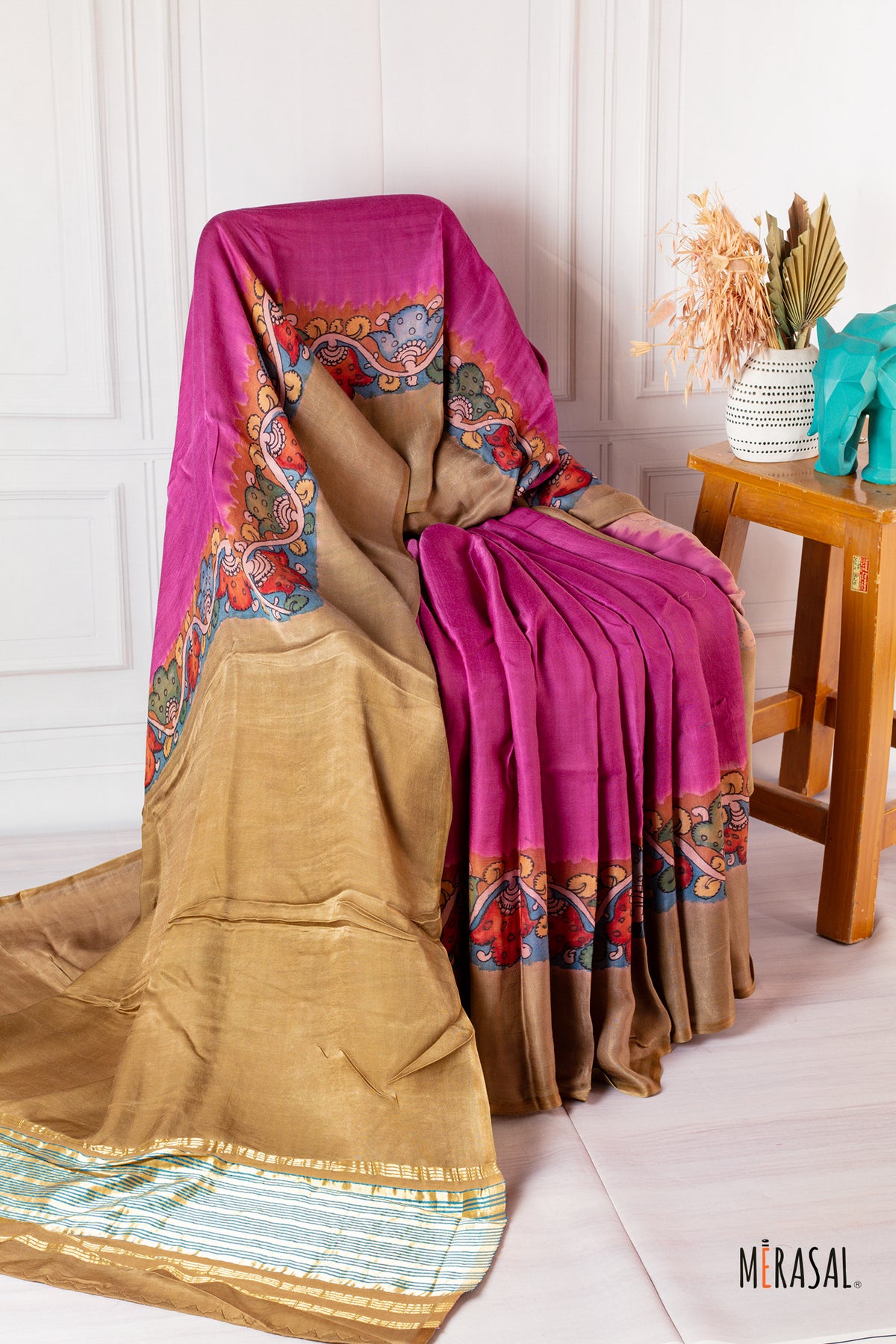 Magenta and Antique Gold Semi-Satin Modal Saree with Kalamkari-Inspired Border